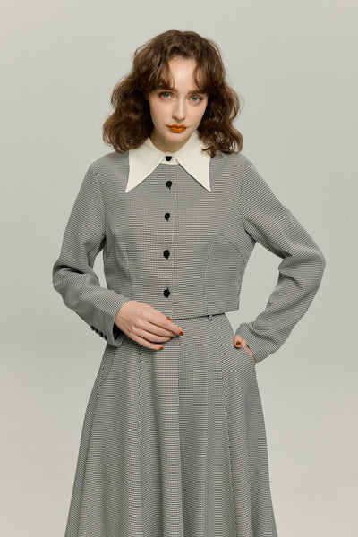 《つい一口食べちゃいました》バリモアカラークロップドブラウス-Houndstooth check