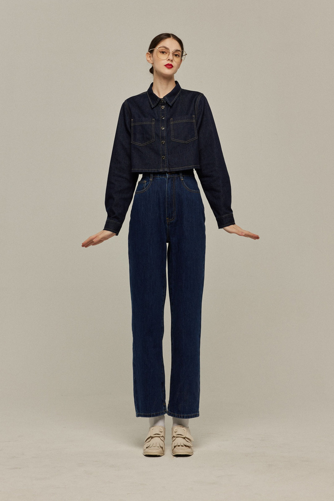 《隕石が落ちてくる》ハイウエストストレートデニムパンツ-Navy