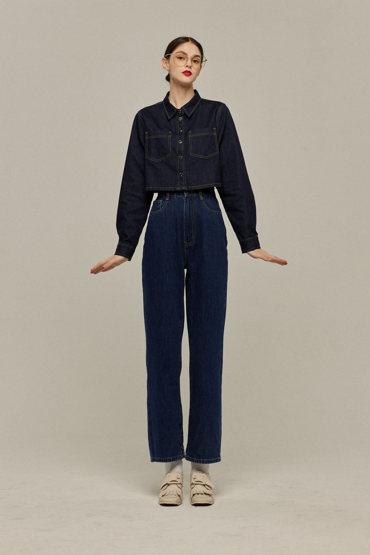 《隕石が落ちてくる》ハイウエストストレートデニムパンツ-Navy