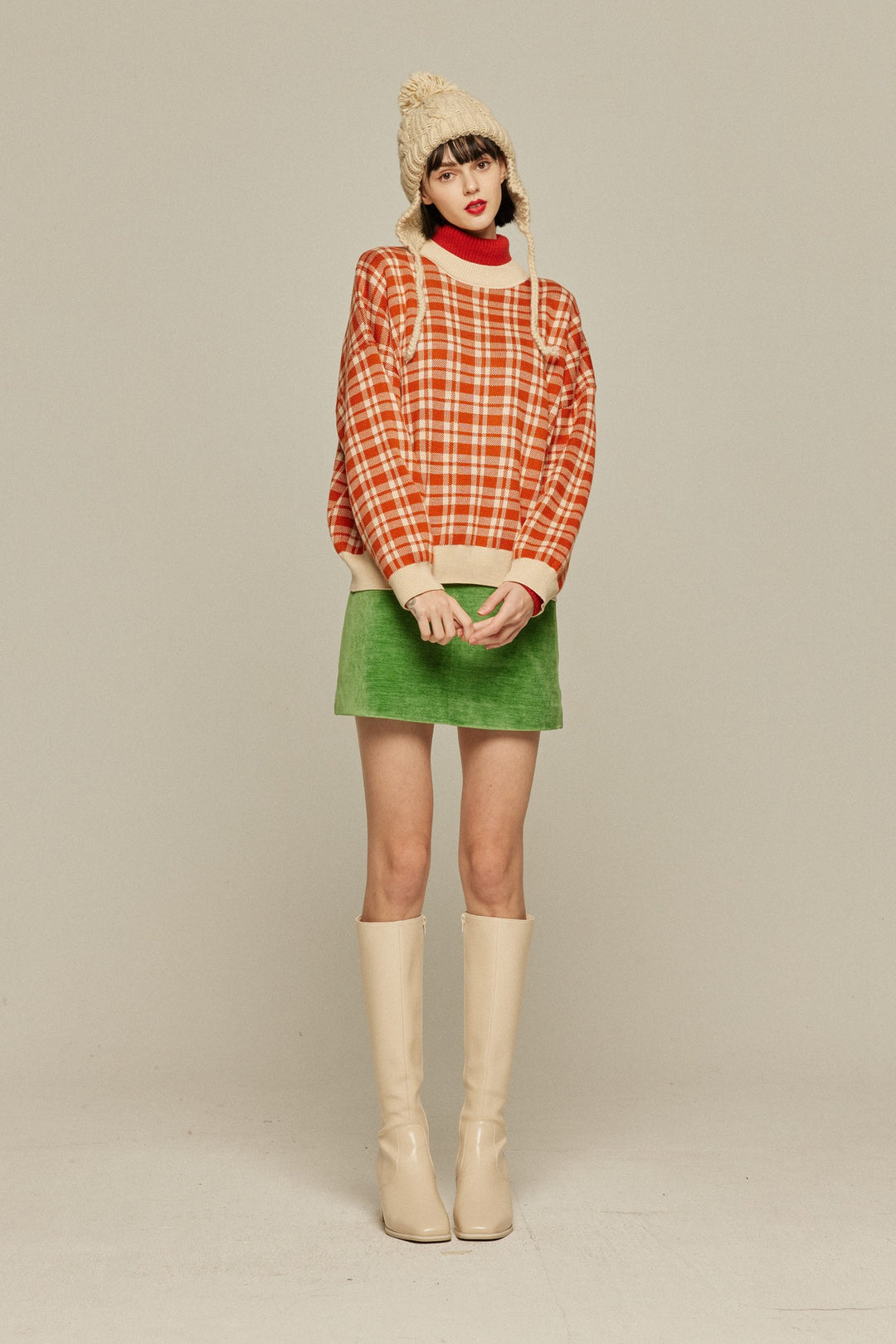 《いちごジャムがついちゃった》レトロチェックセーター-Orange red