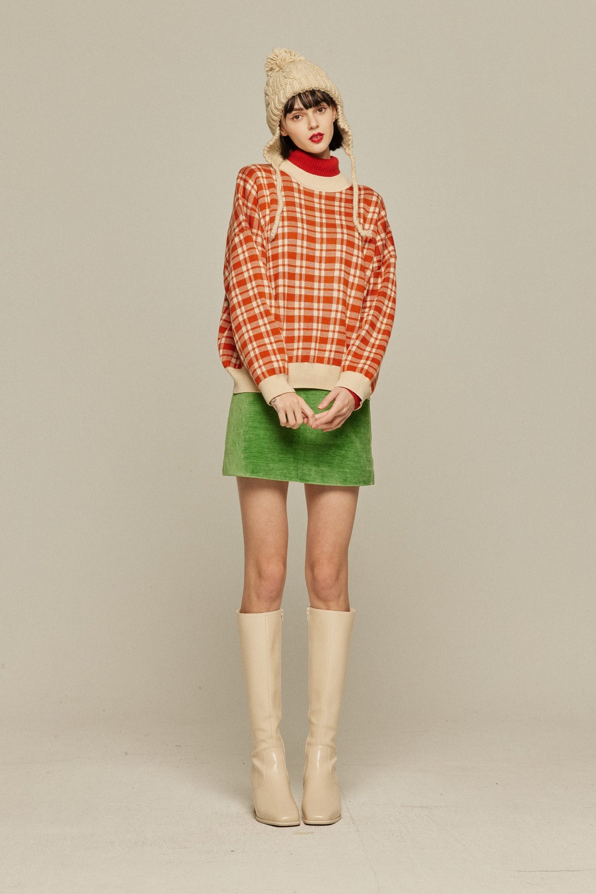 《Strawberry jam attached》Retro check sweater-Orange red