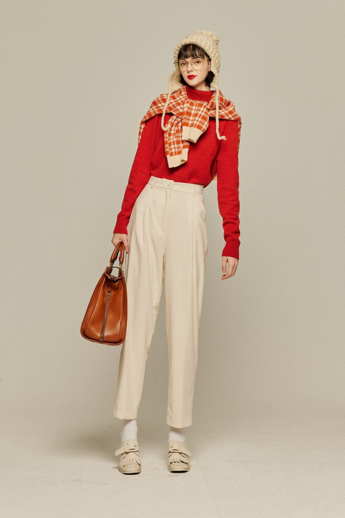 《Strawberry jam attached》Retro check sweater-Orange red