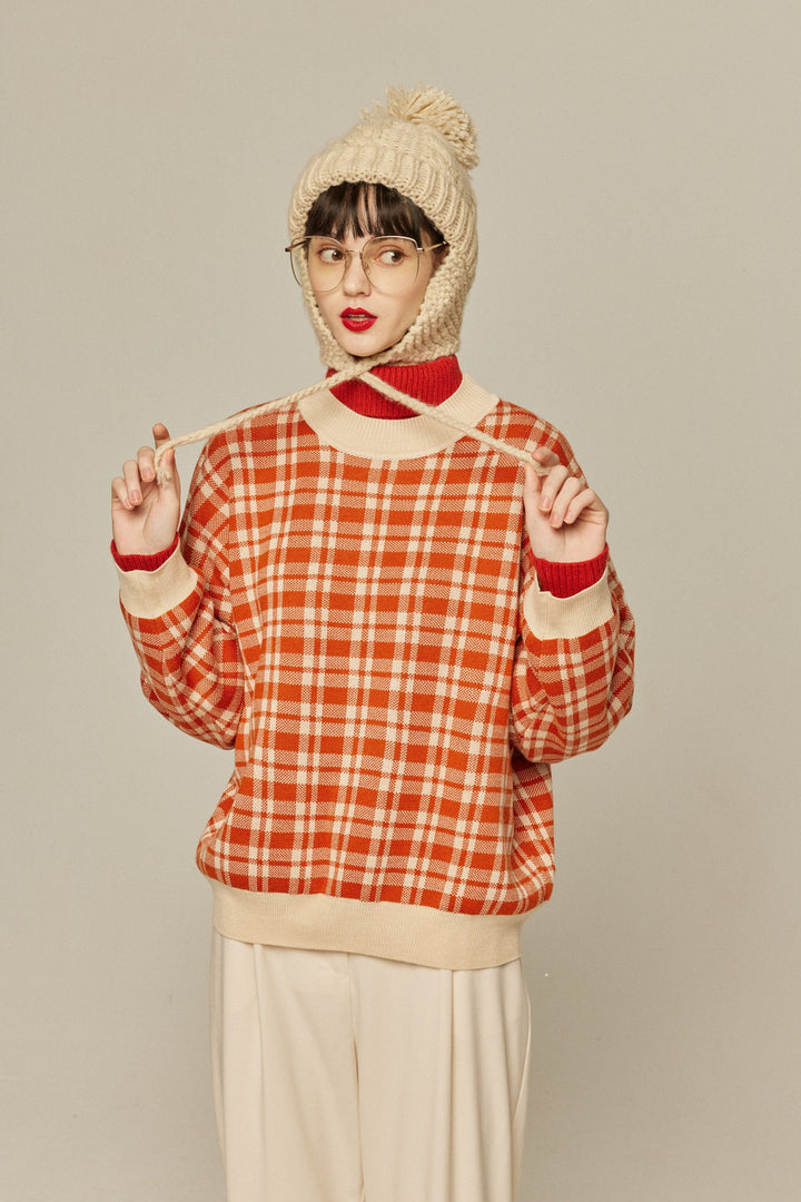 《いちごジャムがついちゃった》レトロチェックセーター-Orange red