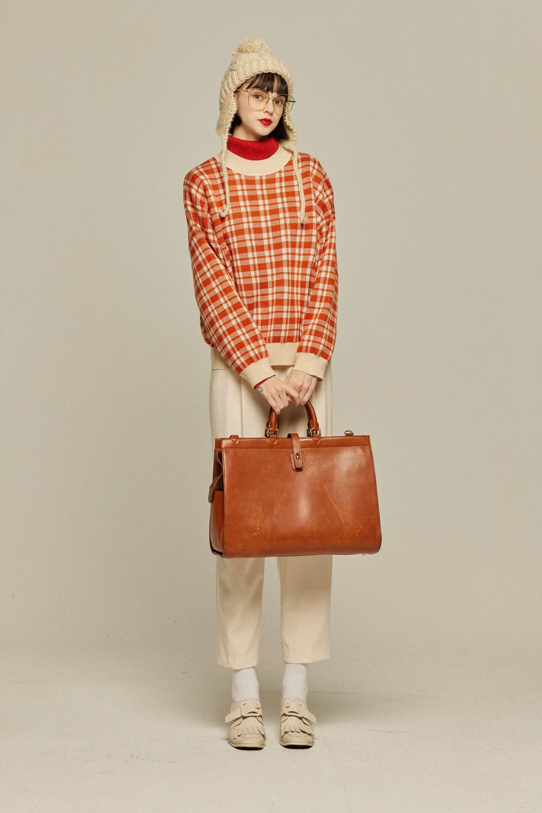 《いちごジャムがついちゃった》レトロチェックセーター-Orange red