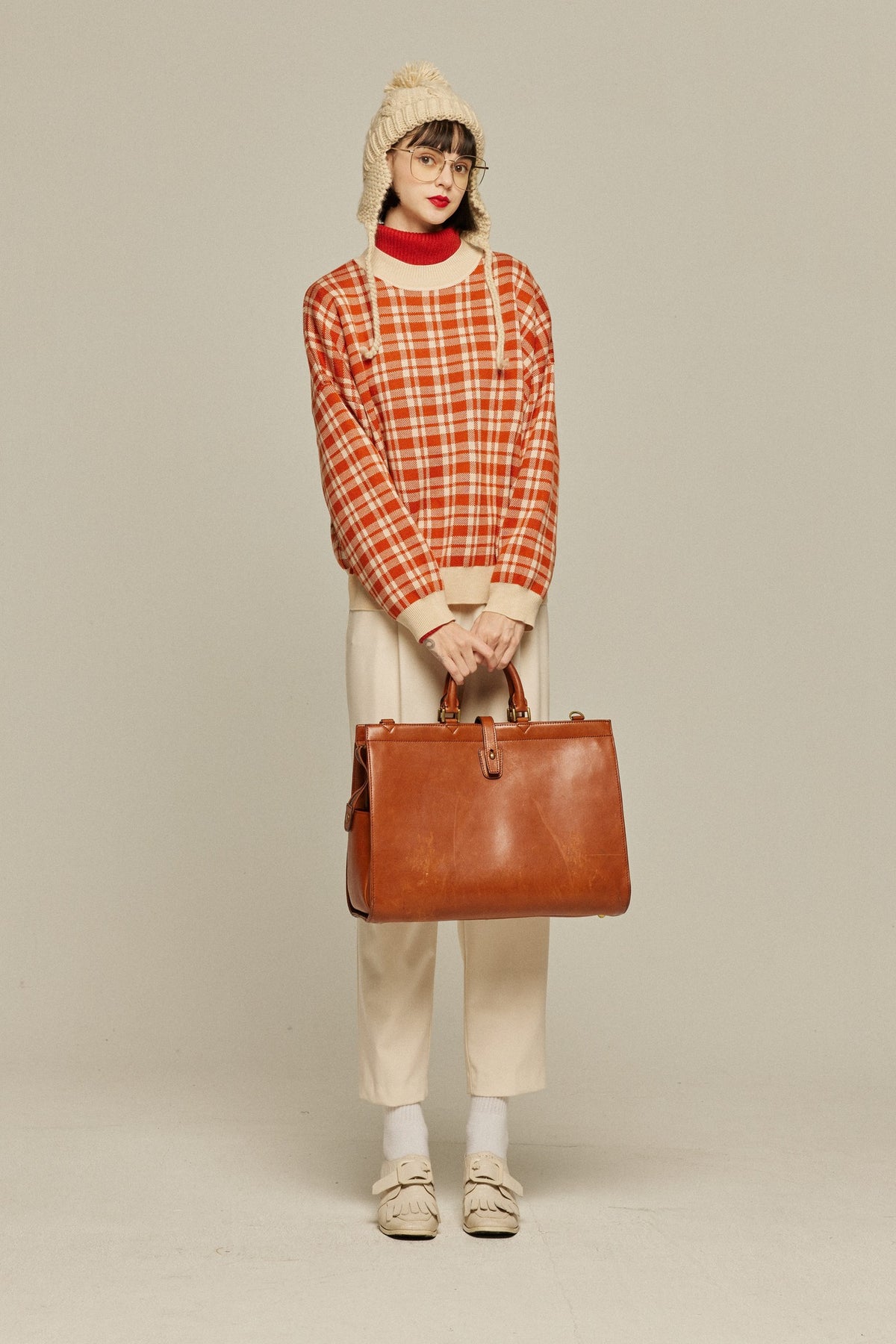 《Strawberry jam attached》Retro check sweater-Orange red