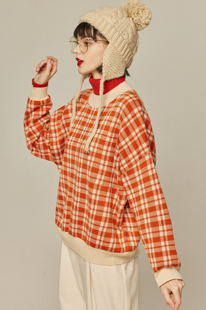 《いちごジャムがついちゃった》レトロチェックセーター-Orange red