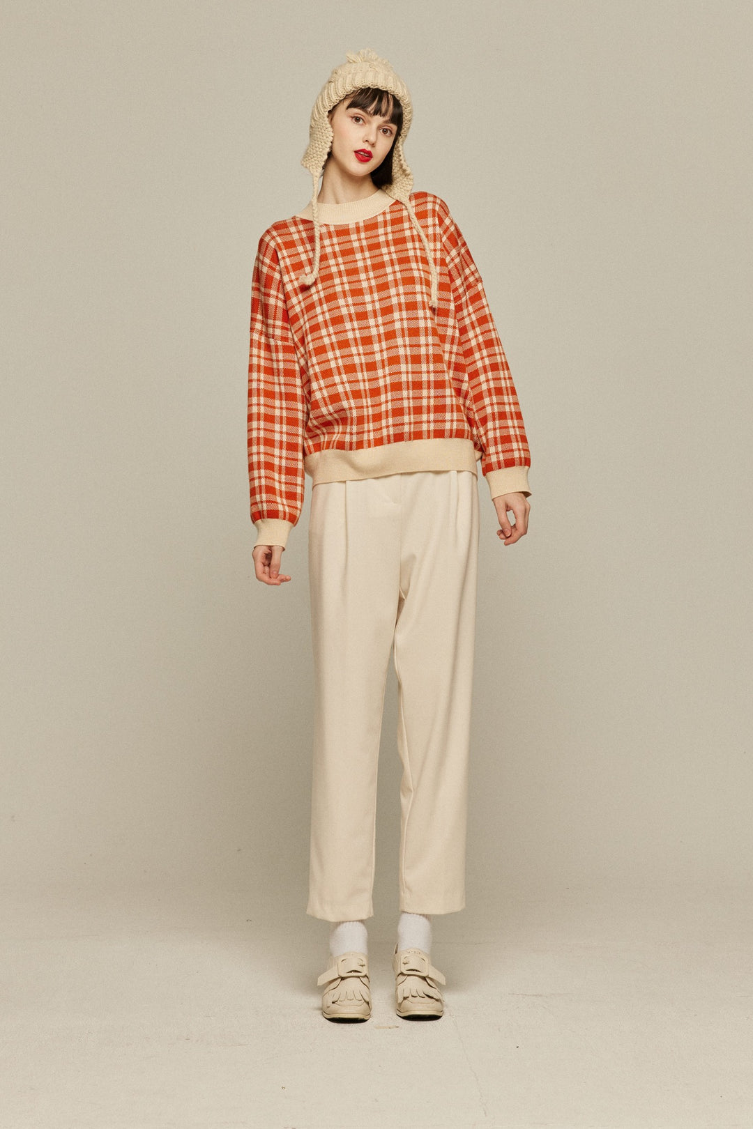 《いちごジャムがついちゃった》レトロチェックセーター-Orange red