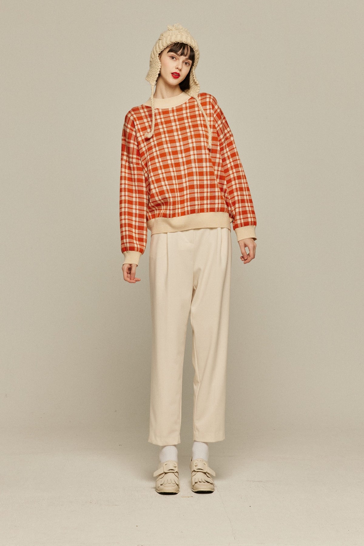 《Strawberry jam attached》Retro check sweater-Orange red