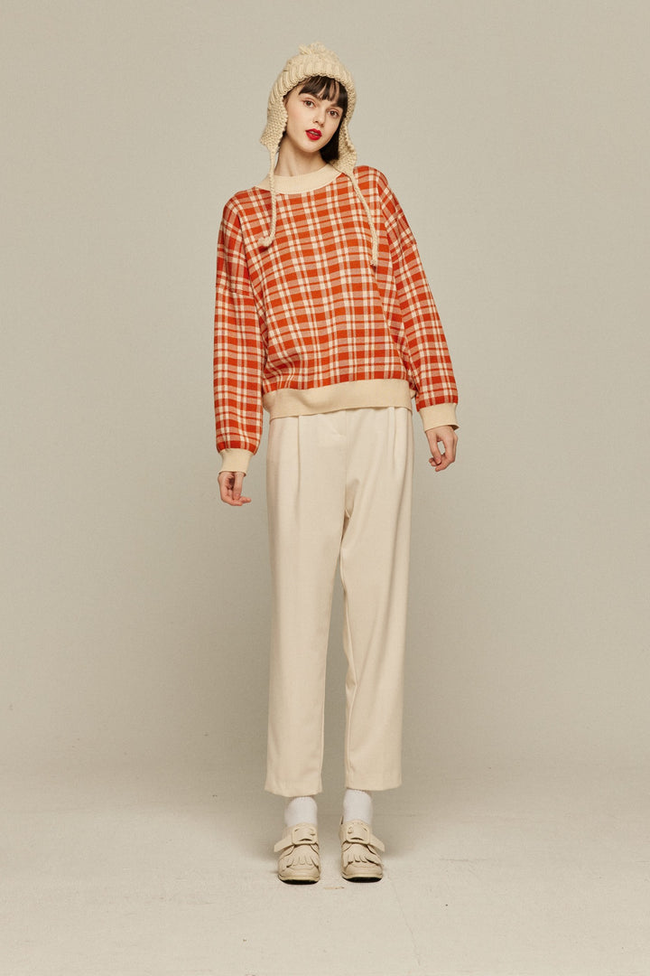 《いちごジャムがついちゃった》レトロチェックセーター-Orange red