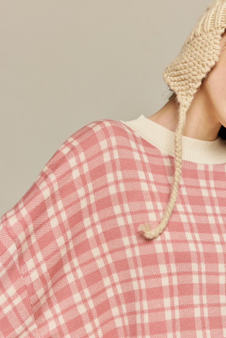 《いちごジャムがついちゃった》レトロチェックセーター-Pink