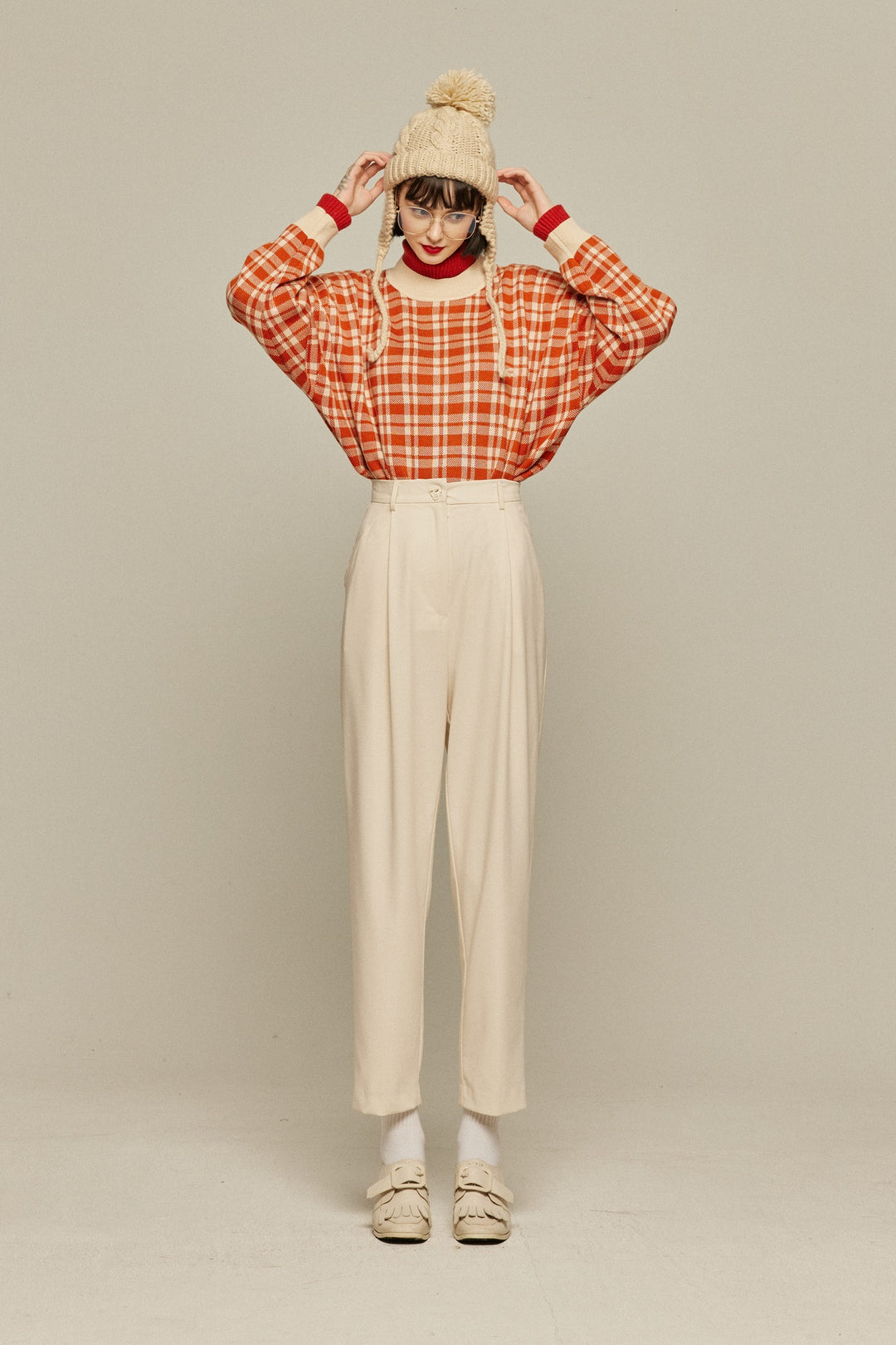 《いちごジャムがついちゃった》レトロチェックセーター-Orange red