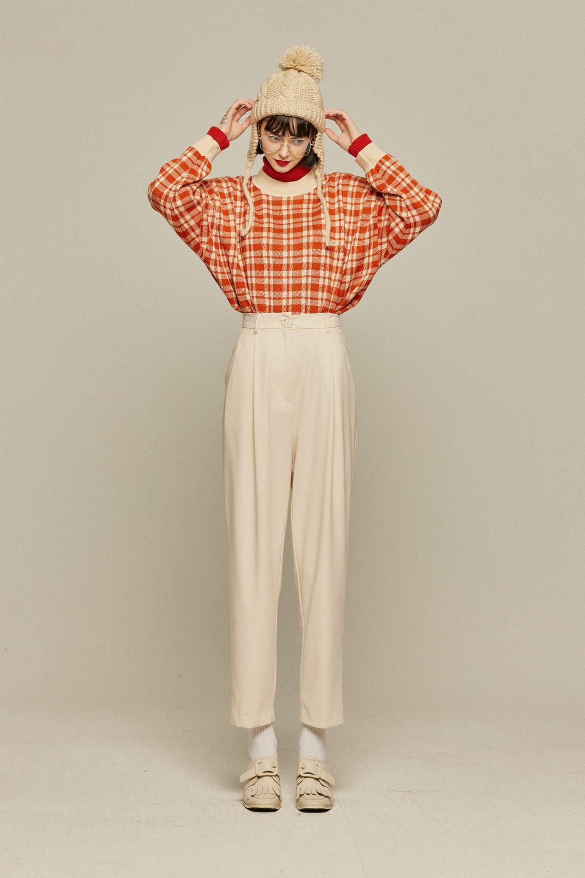 《Strawberry jam attached》Retro check sweater-Orange red