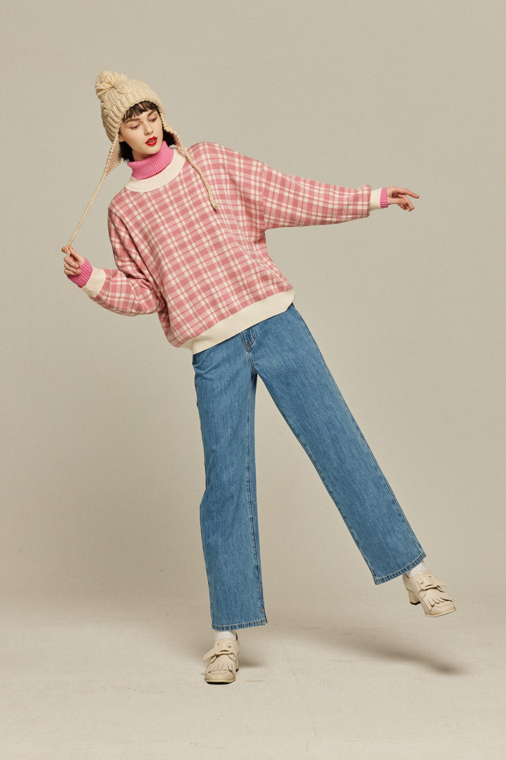 《いちごジャムがついちゃった》レトロチェックセーター-Pink