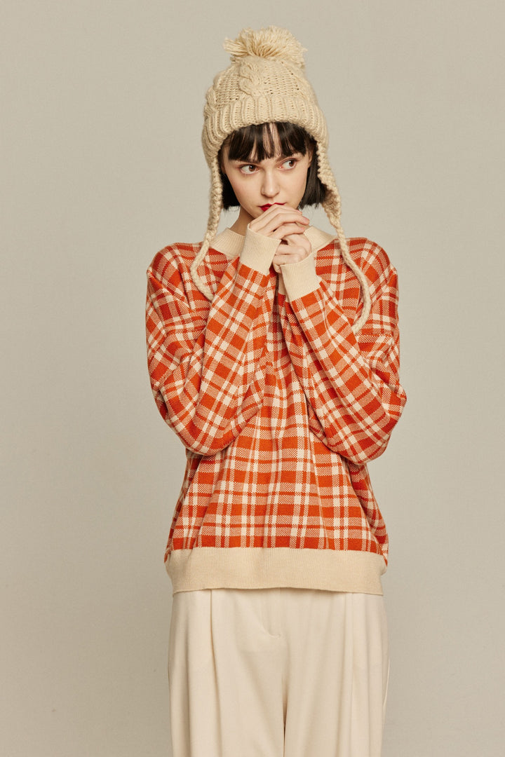 《いちごジャムがついちゃった》レトロチェックセーター-Orange red