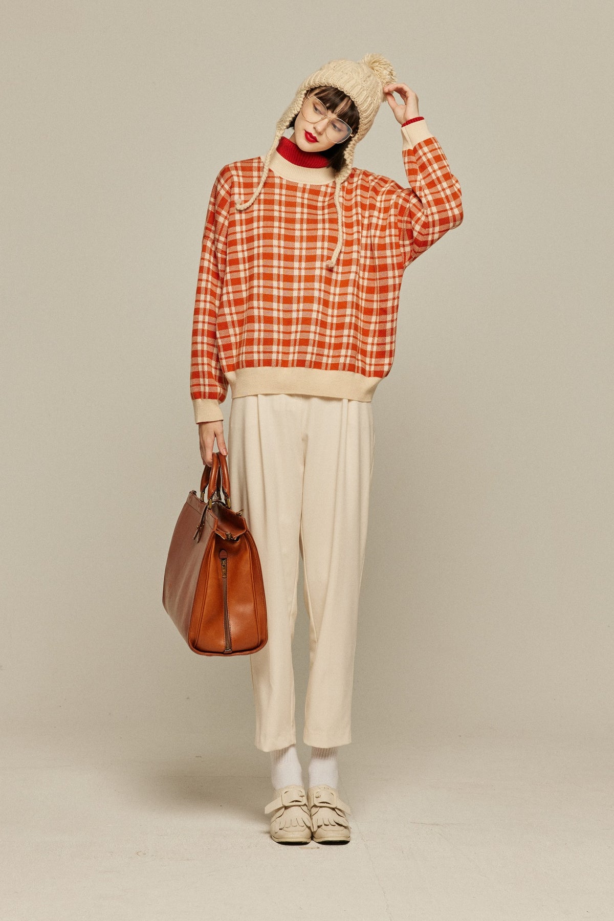 《Strawberry jam attached》Retro check sweater-Orange red
