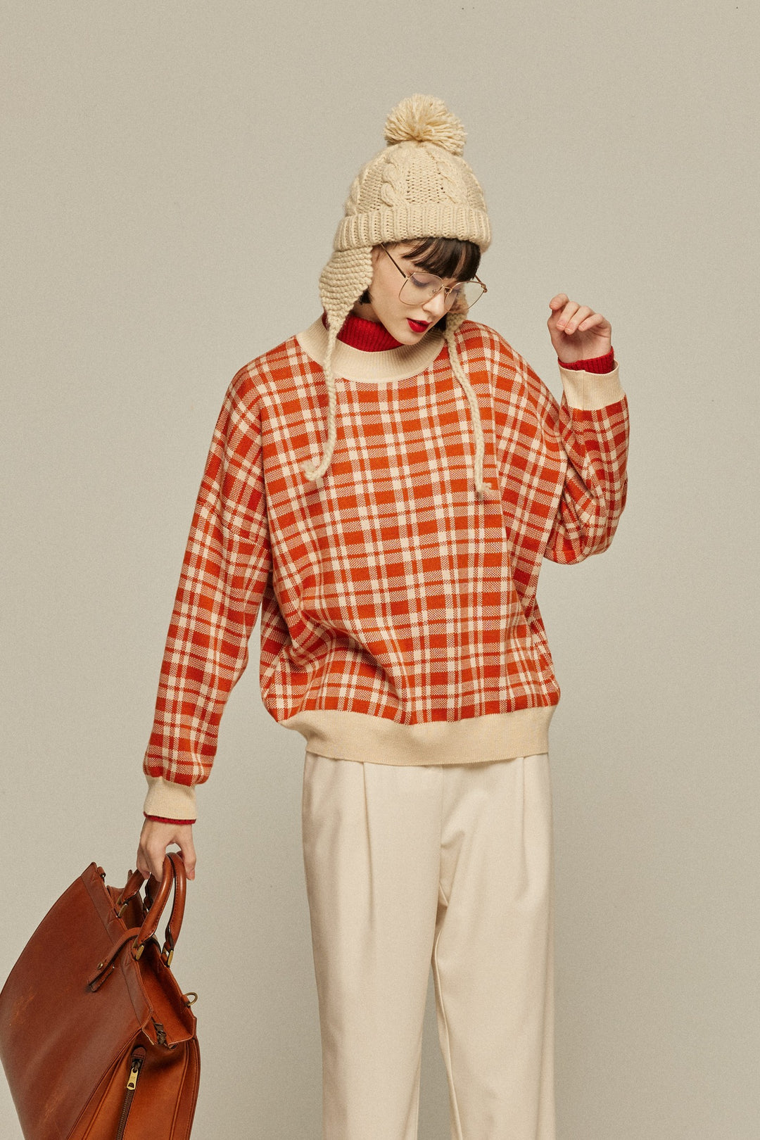 《いちごジャムがついちゃった》レトロチェックセーター-Orange red
