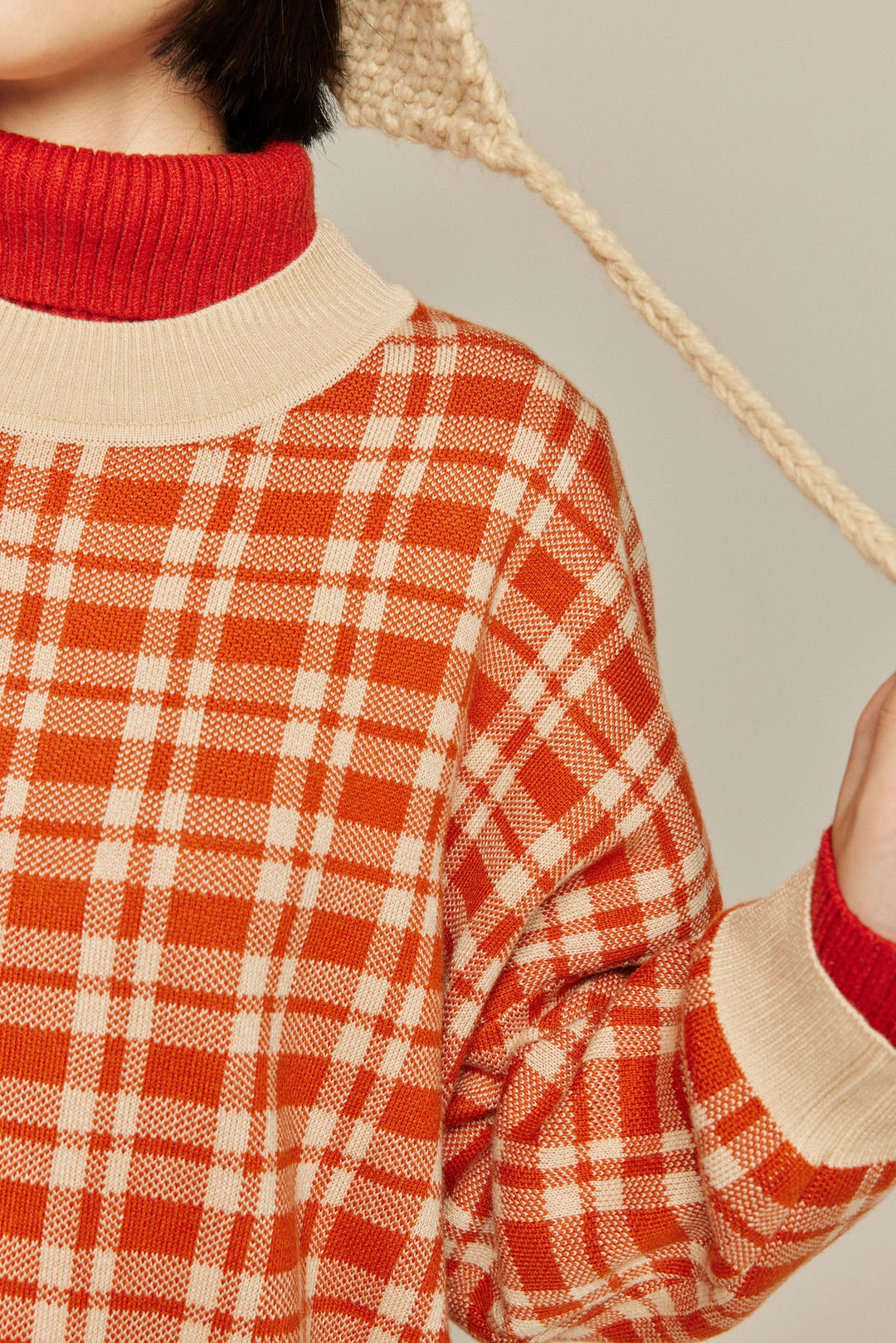 《いちごジャムがついちゃった》レトロチェックセーター-Orange red