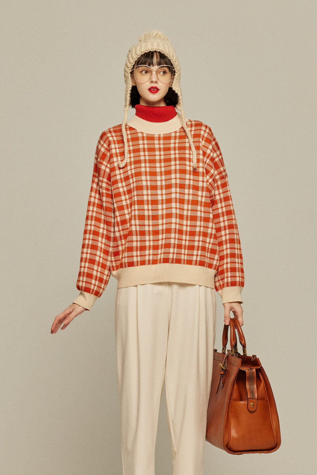 《いちごジャムがついちゃった》レトロチェックセーター-Orange red