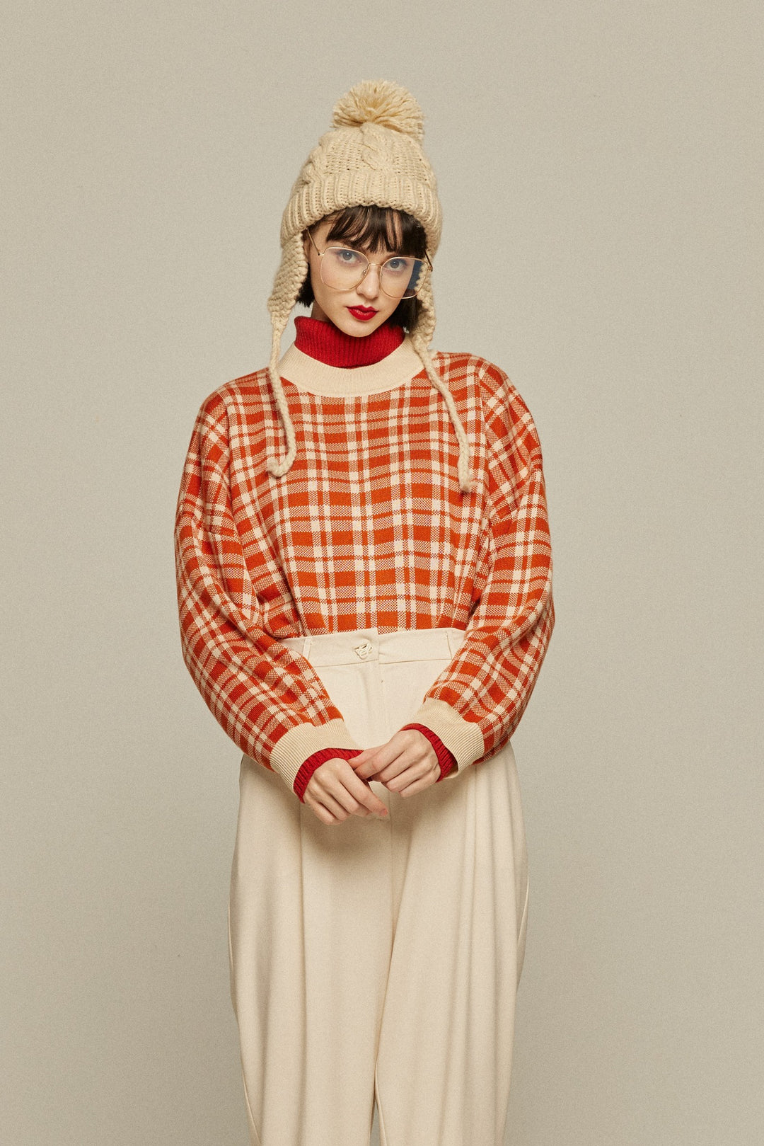 《いちごジャムがついちゃった》レトロチェックセーター-Orange red