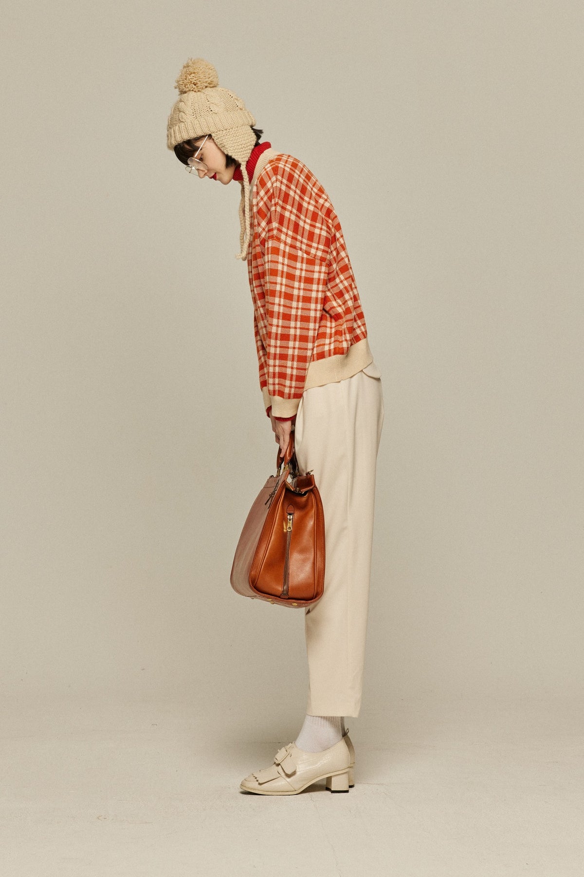 《Strawberry jam attached》Retro check sweater-Orange red