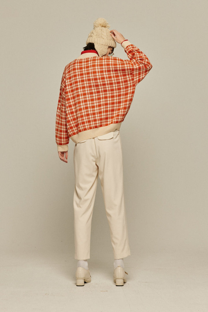 《いちごジャムがついちゃった》レトロチェックセーター-Orange red