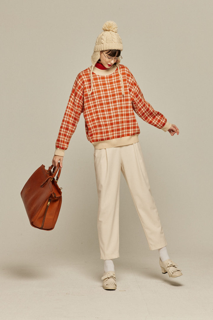 《いちごジャムがついちゃった》レトロチェックセーター-Orange red