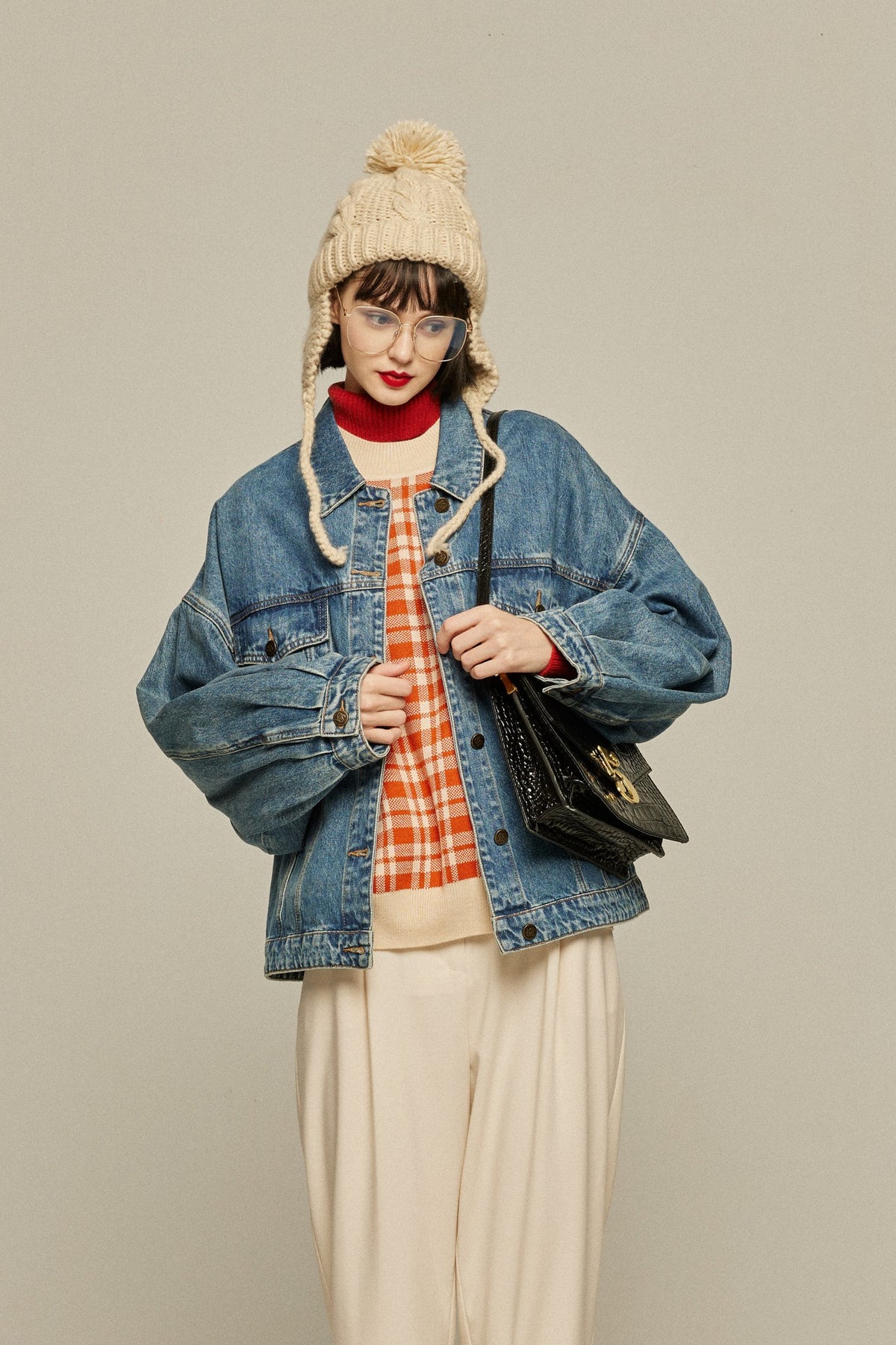 《Strawberry jam attached》Retro check sweater-Orange red