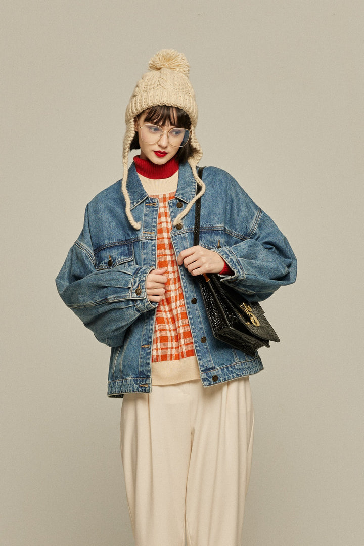 《いちごジャムがついちゃった》レトロチェックセーター-Orange red