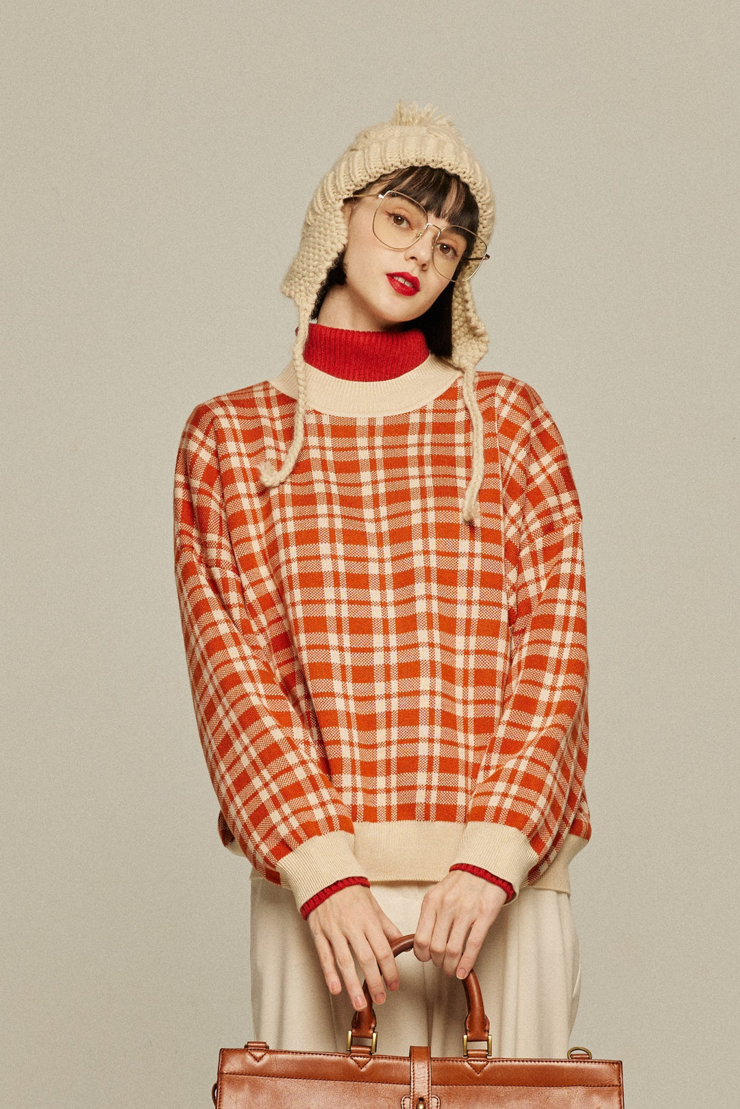 《いちごジャムがついちゃった》レトロチェックセーター-Orange red