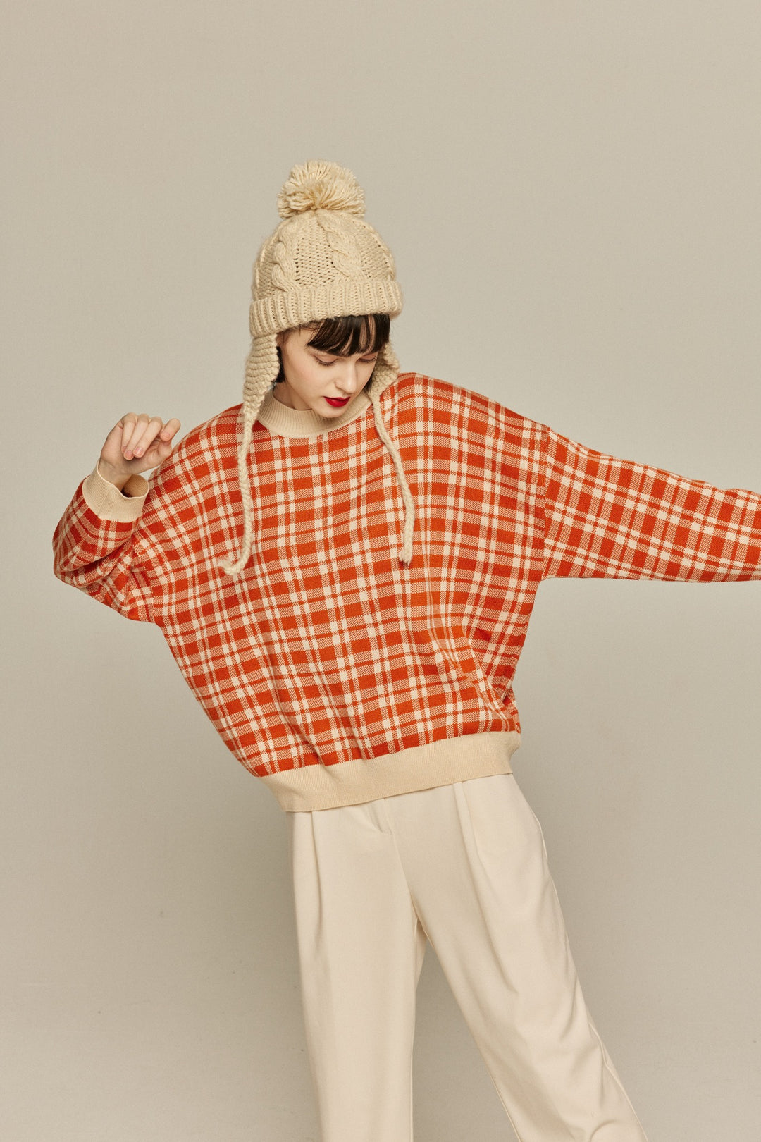 《いちごジャムがついちゃった》レトロチェックセーター-Orange red