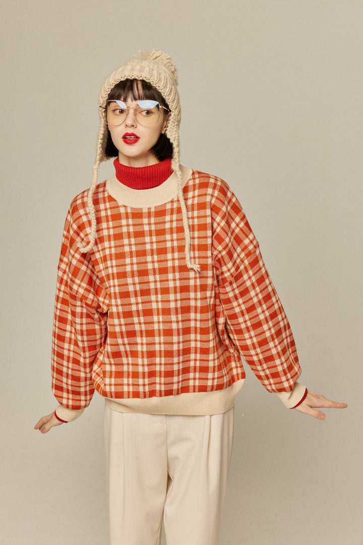 《いちごジャムがついちゃった》レトロチェックセーター-Orange red