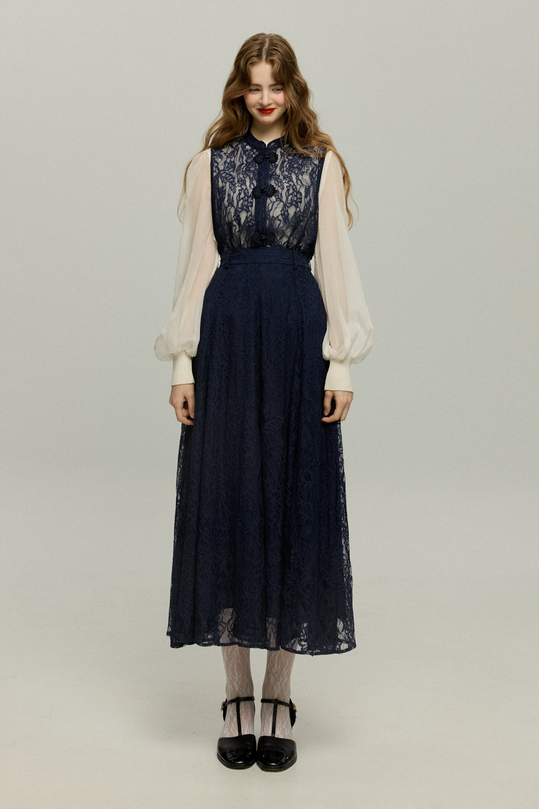 《100年も前からある》チャイナバックルスリーブレストップス-Navy