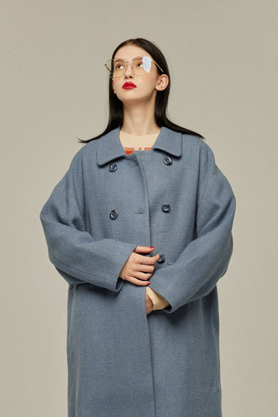 《アリ観察日記》コクーンシルエットダブルブレストコート-Gray Blue