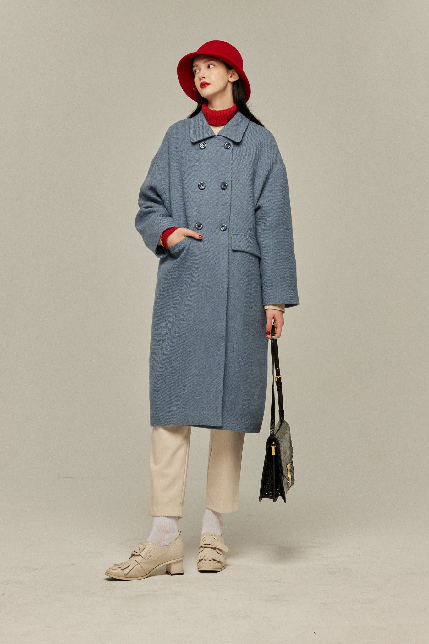 《アリ観察日記》コクーンシルエットダブルブレストコート-Gray Blue