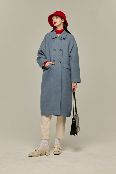 《アリ観察日記》コクーンシルエットダブルブレストコート-Gray Blue