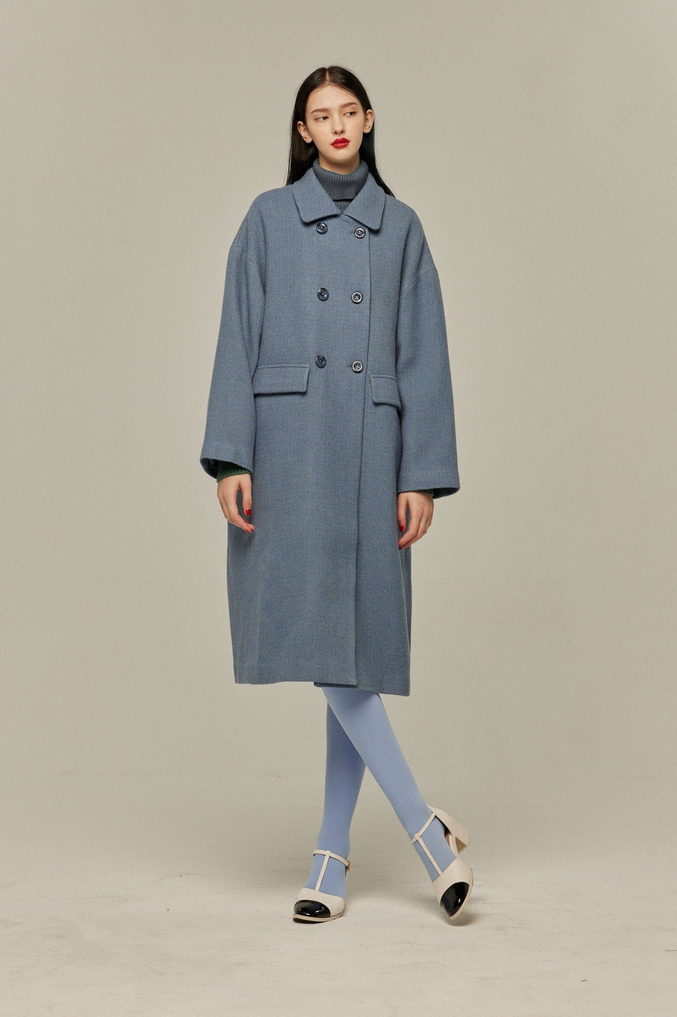 《アリ観察日記》コクーンシルエットダブルブレストコート-Gray Blue