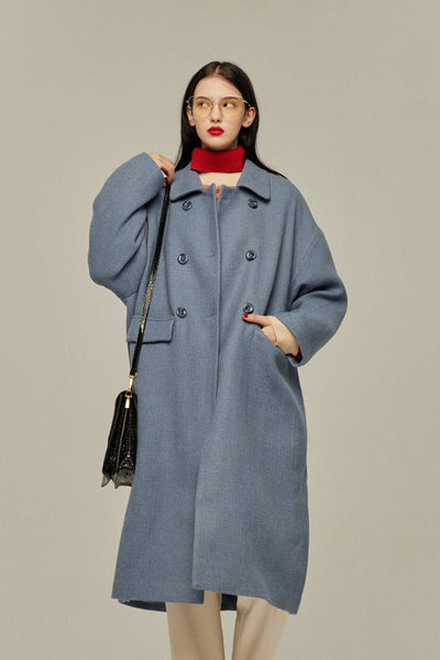 《アリ観察日記》コクーンシルエットダブルブレストコート-Gray Blue