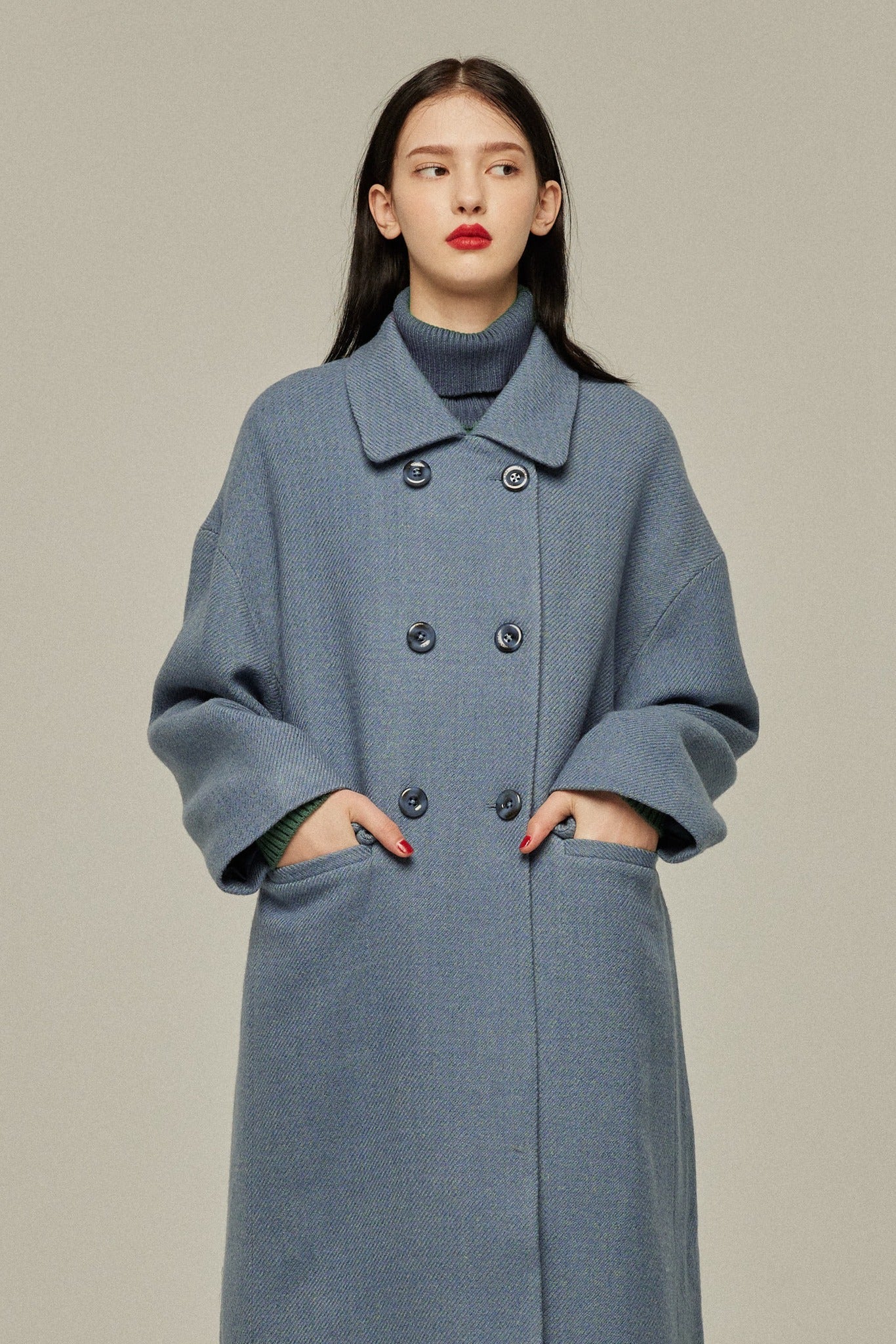 《アリ観察日記》コクーンシルエットダブルブレストコート-Gray Blue