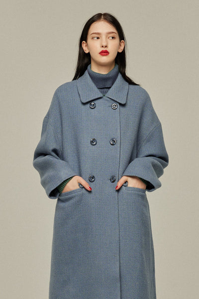 《アリ観察日記》コクーンシルエットダブルブレストコート-Gray Blue