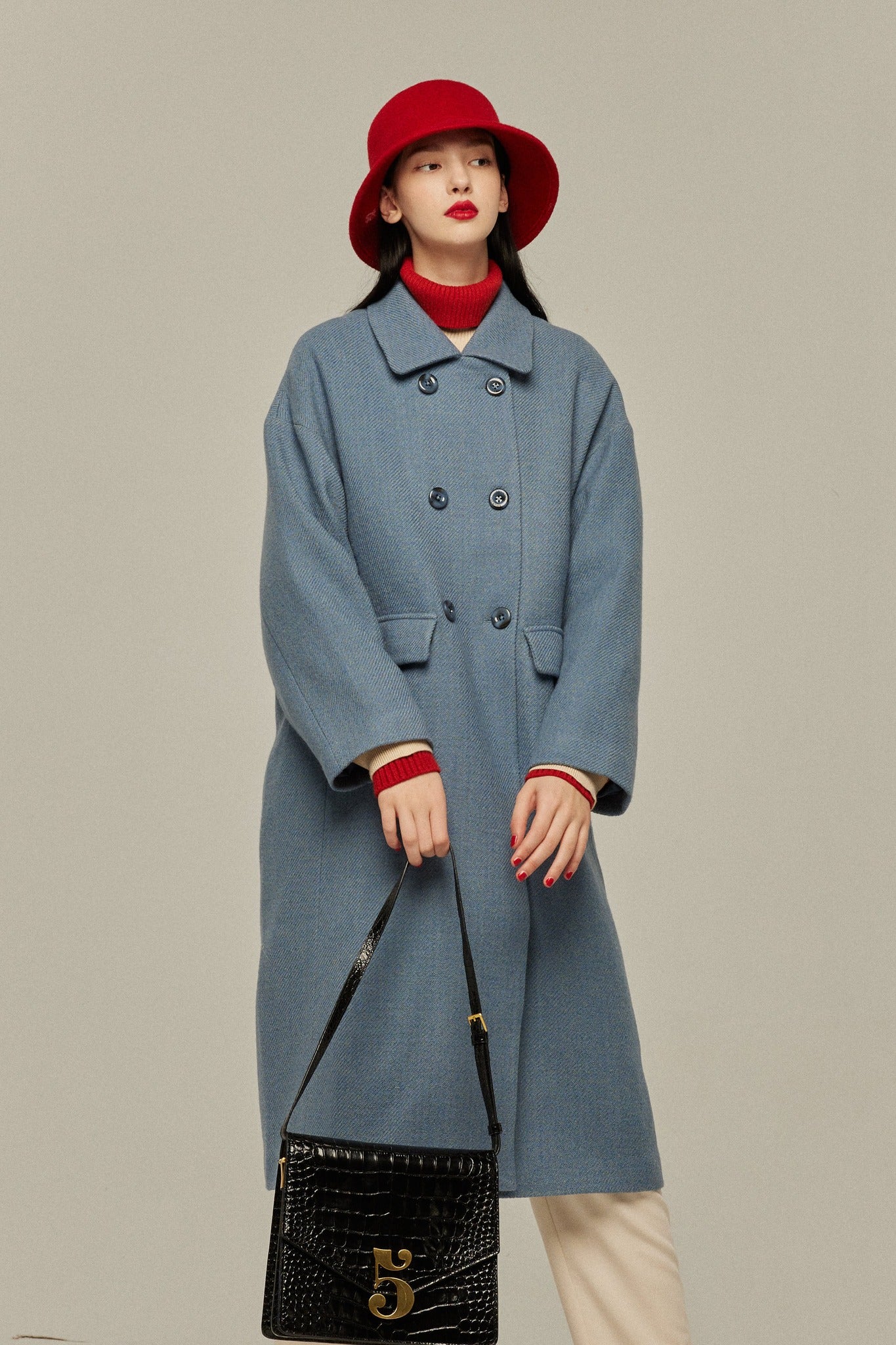 《アリ観察日記》コクーンシルエットダブルブレストコート-Gray Blue