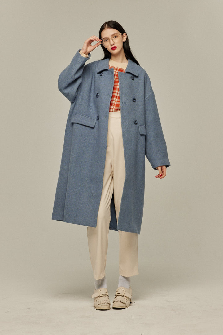 《アリ観察日記》コクーンシルエットダブルブレストコート-Gray Blue