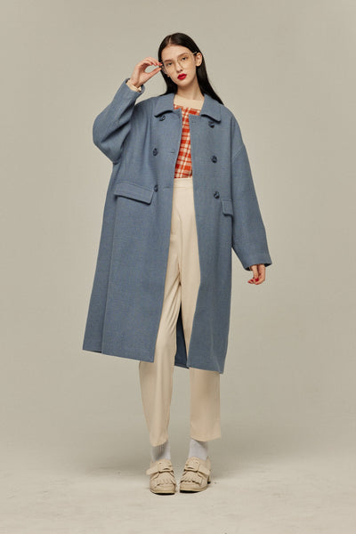 《アリ観察日記》コクーンシルエットダブルブレストコート-Gray Blue