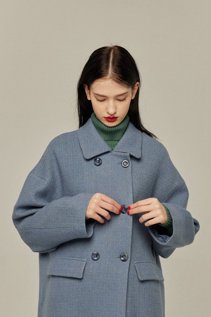 《アリ観察日記》コクーンシルエットダブルブレストコート-Gray Blue