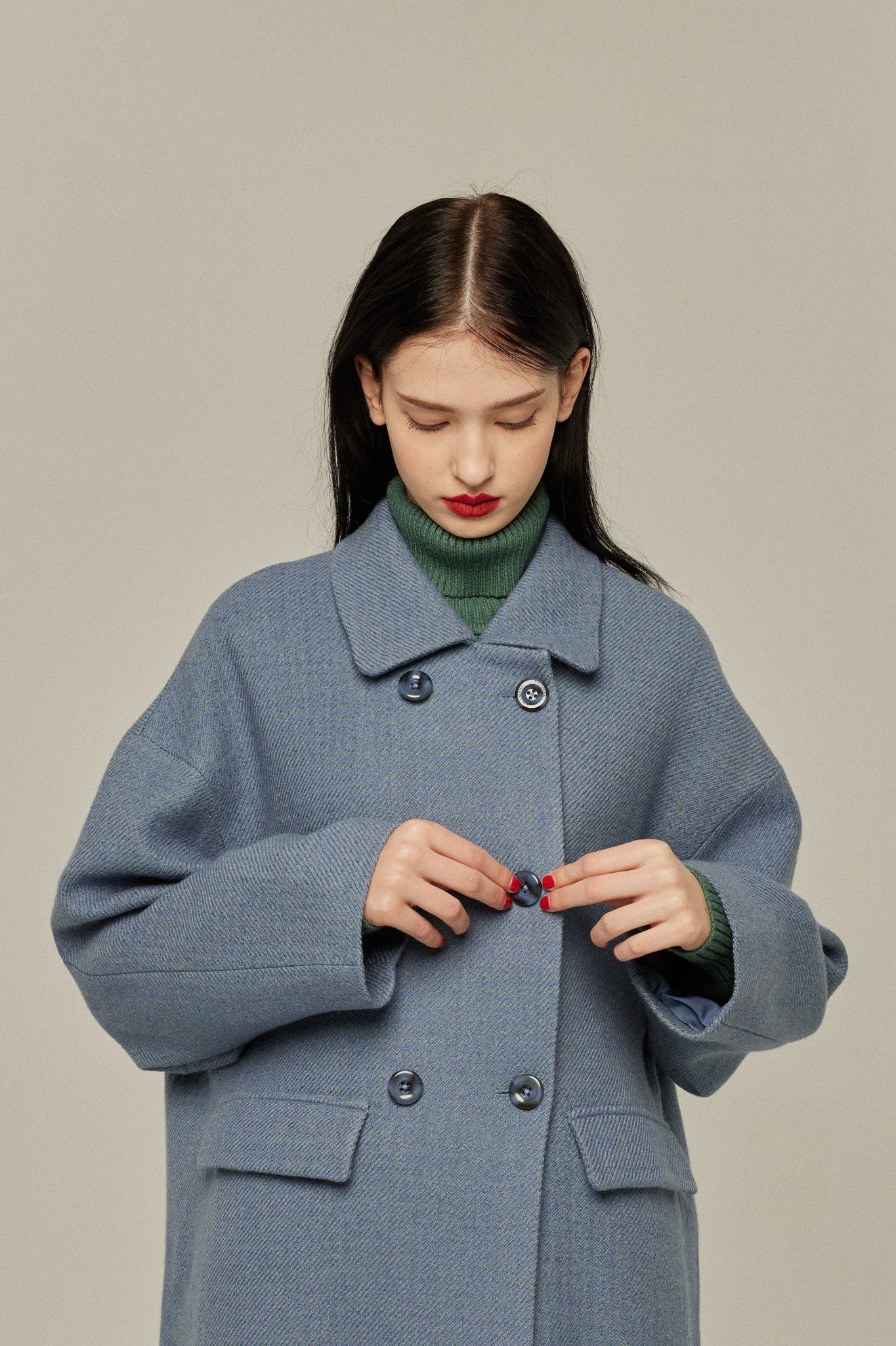 《アリ観察日記》コクーンシルエットダブルブレストコート-Gray Blue