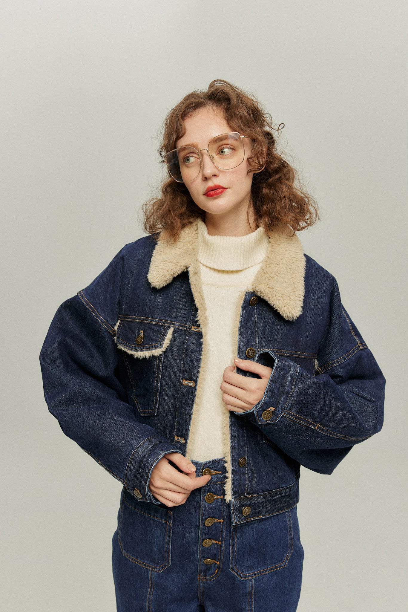 《犬のバルーンアート》ボアデニムジャケット-Navy