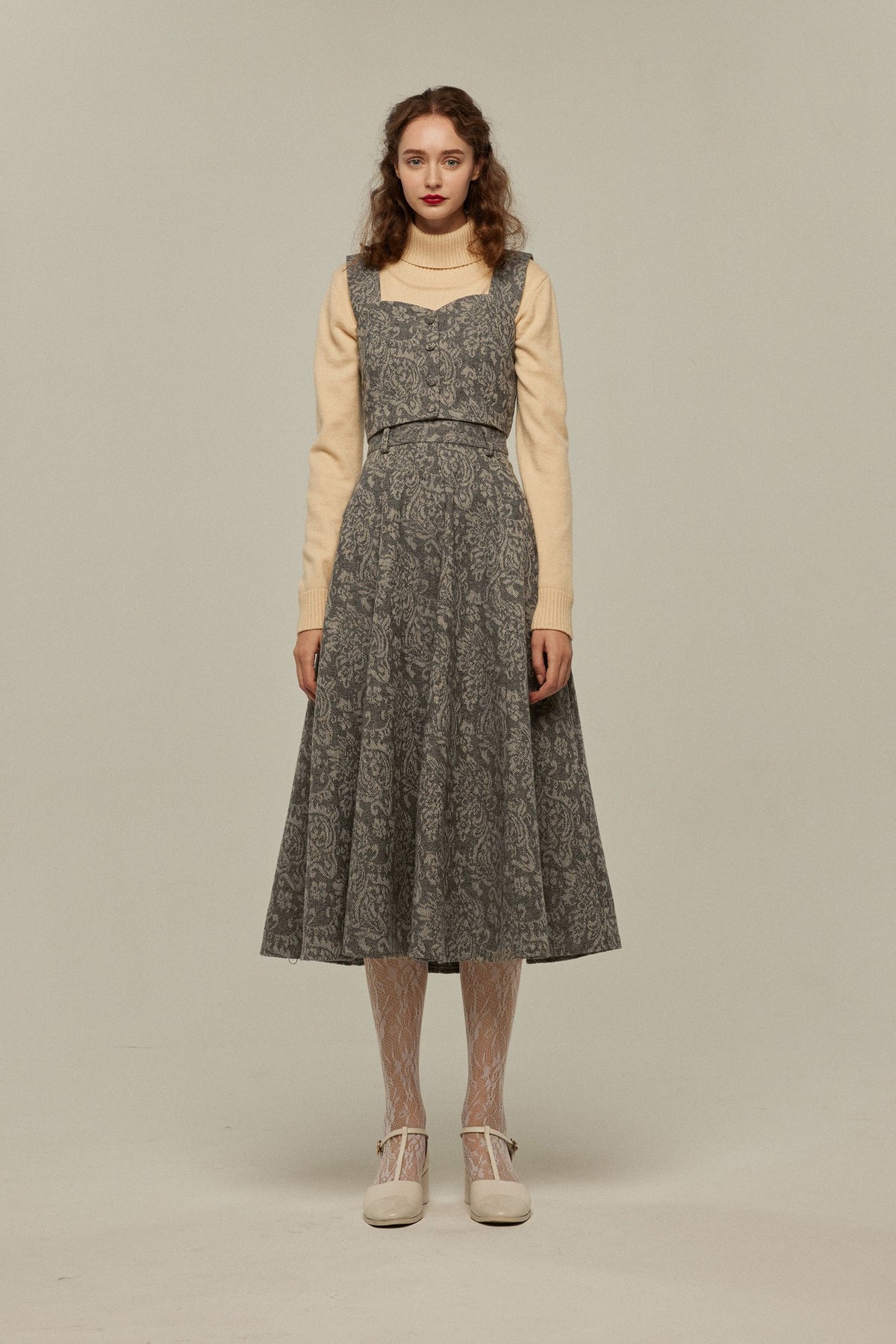 《その中の1枚は偽札》シノワズリジャガードハイウエストスカート-Gray