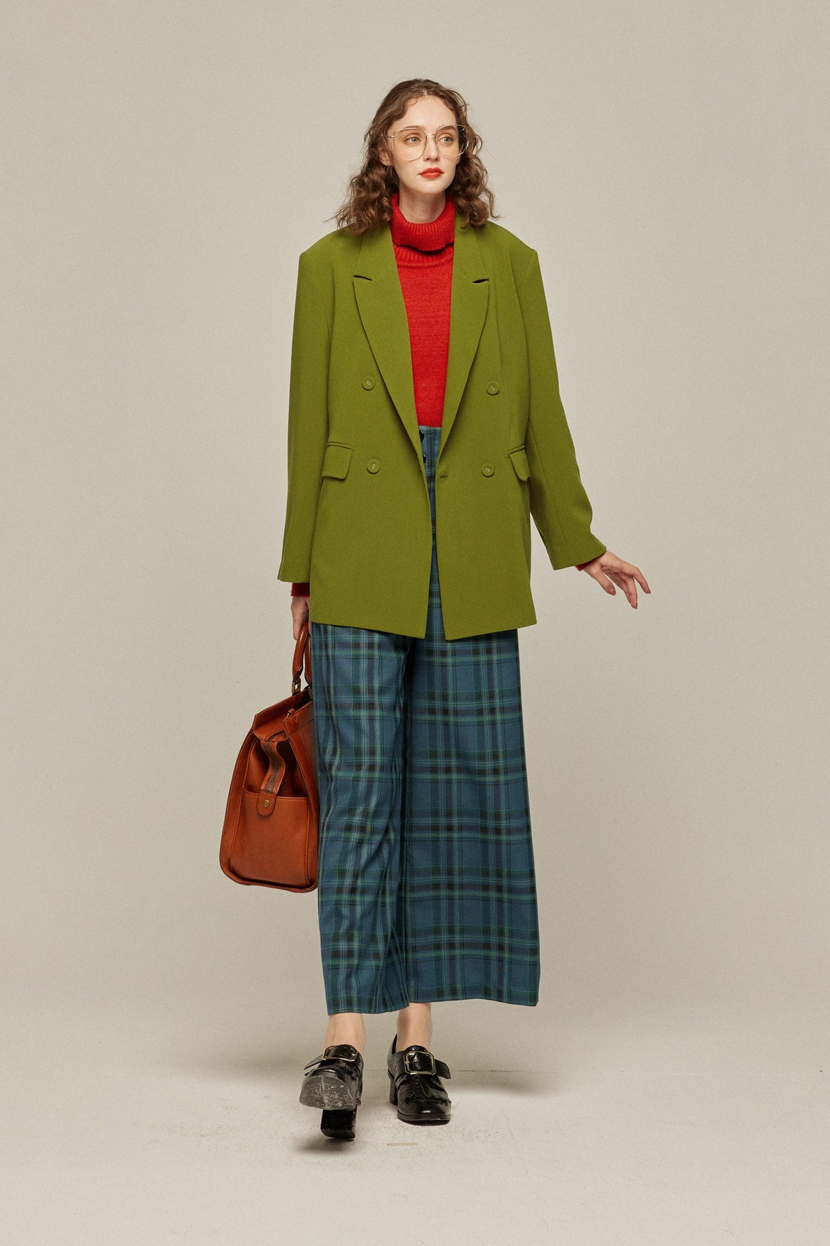 《Bumping into Paul on the street》 High waist wide check pants-Blue green