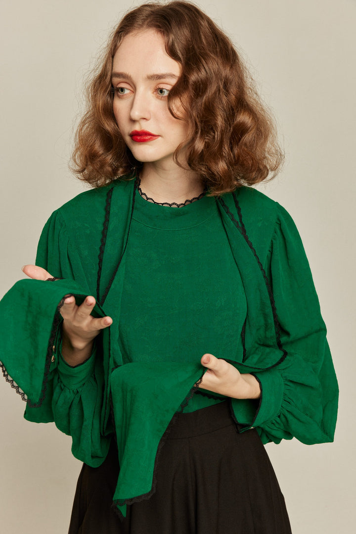 ようやく咲いた花》レーストリミングリボンジャガードブラウス-Green