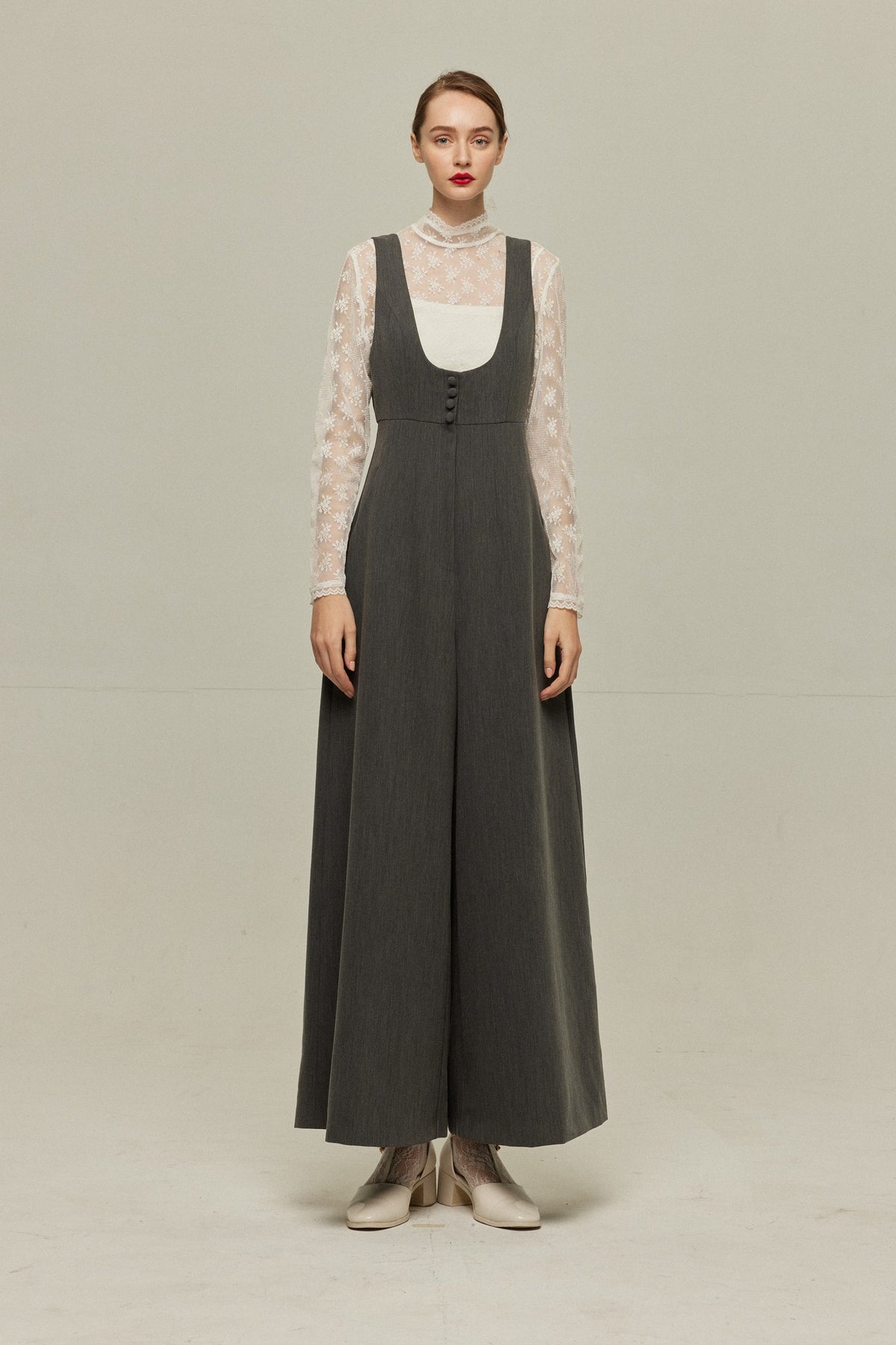 《Lucky Charm Hidden Under the Pillow》 High Waist Design Back Cross Overalls-Gray