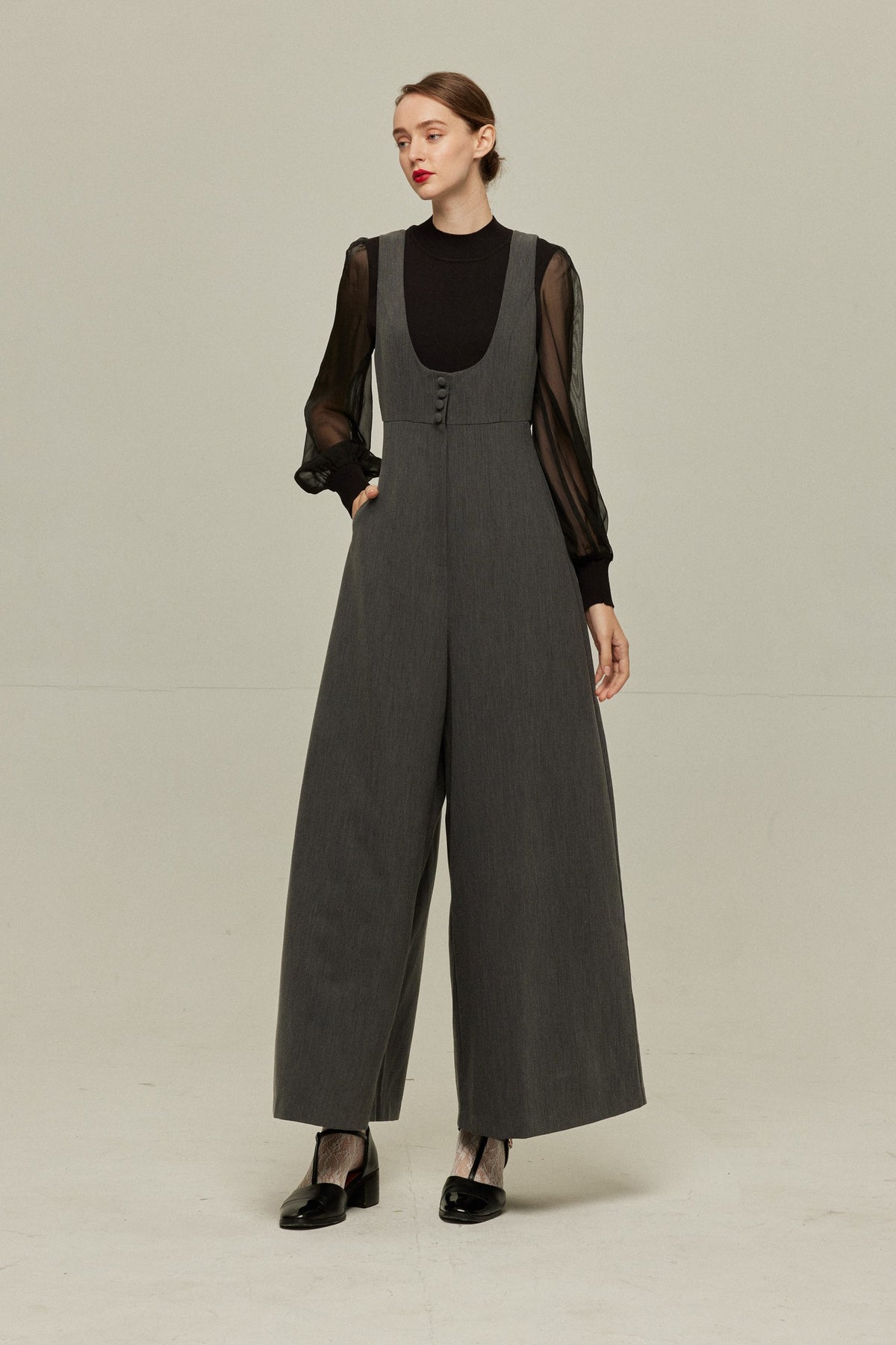 《Lucky Charm Hidden Under the Pillow》 High Waist Design Back Cross Overalls-Gray